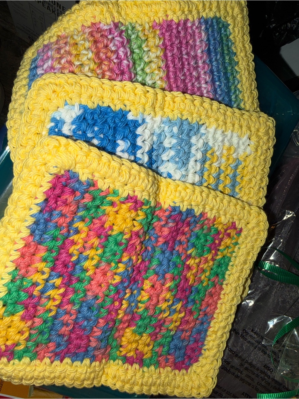Handmade Yellow-Trim Crochet Washcloths 5x7